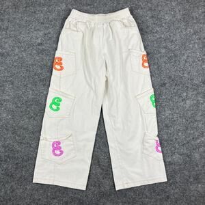 Cargo Pants Unisex Womens XL Cream Y2K Streetwear MulticolorGraphicPocketElastic